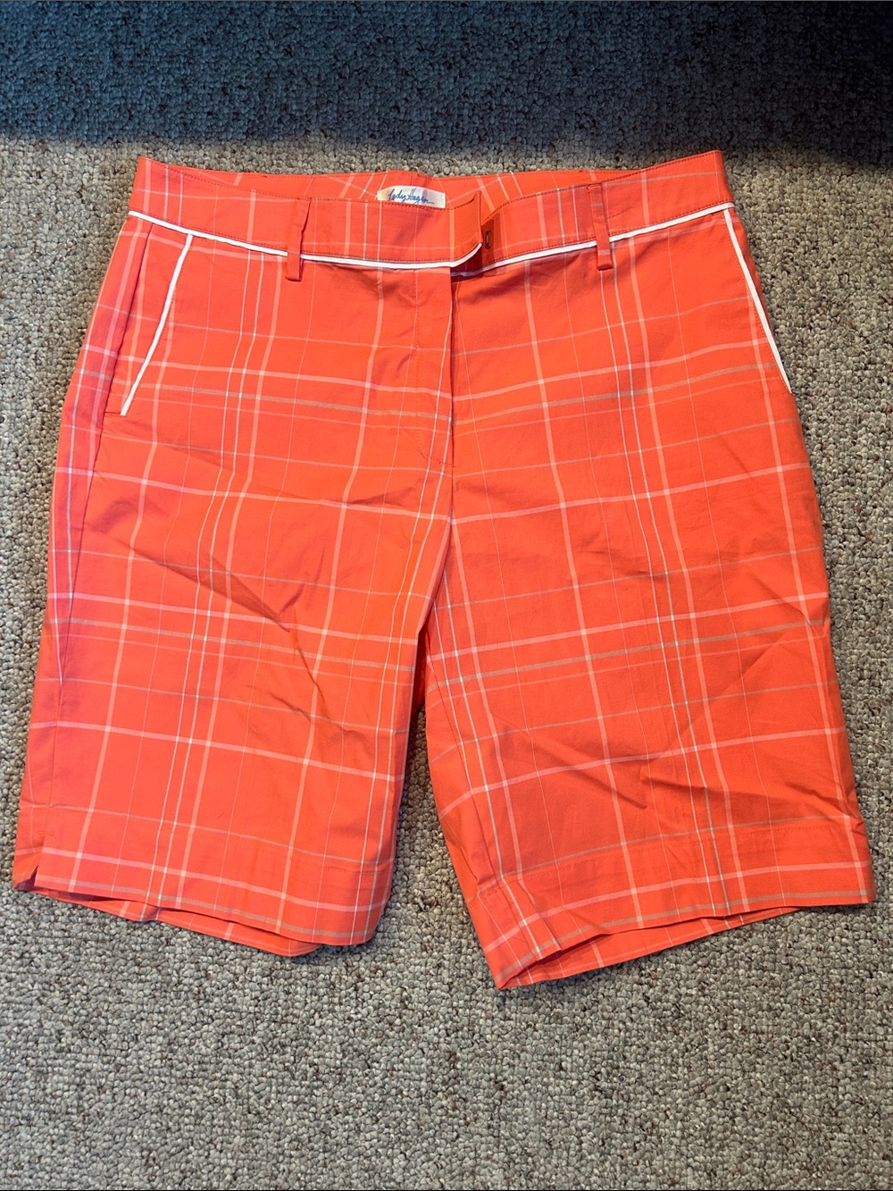 Lady Hagen Coral-Orange Plaid Flat-Front Shorts